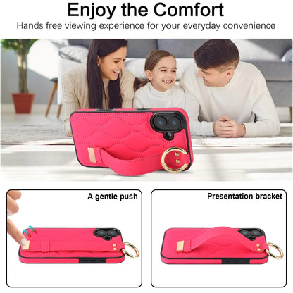 For iPhone 16 Non-slip Full Coverage Ring PU Phone Case with Wristband(Rose Red) - iPhone 16 Cases by buy2fix | Online Shopping UK | buy2fix