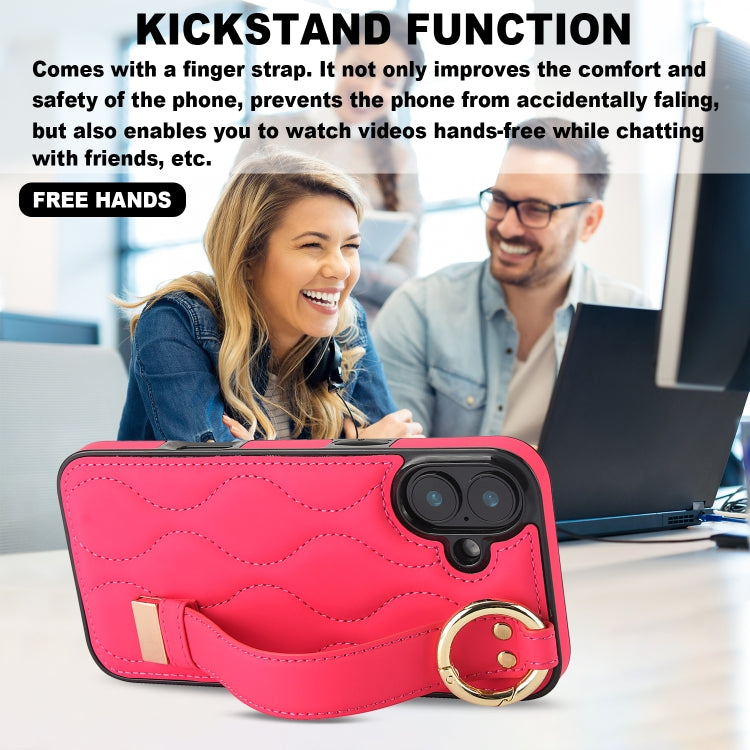 For iPhone 16 Non-slip Full Coverage Ring PU Phone Case with Wristband(Rose Red) - iPhone 16 Cases by buy2fix | Online Shopping UK | buy2fix