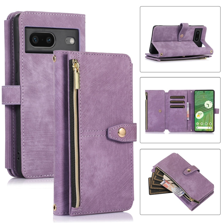 For Google Pixel 7 Dream 9-Card Wallet Zipper Bag Leather Phone Case(Purple) by buy2fix