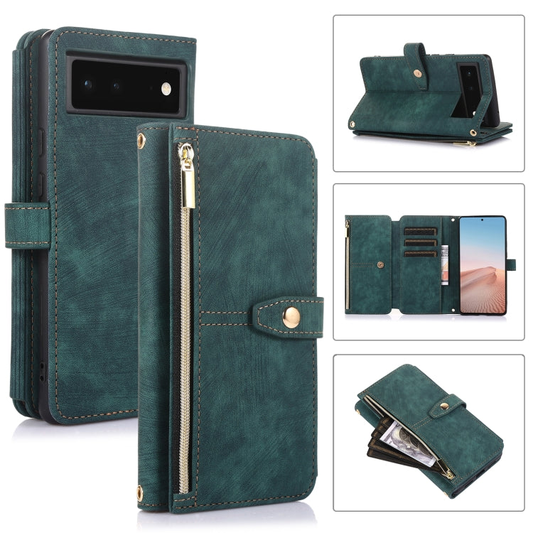 For Google Pixel 6 Dream 9-Card Wallet Zipper Bag Leather Phone Case(Green) by buy2fix