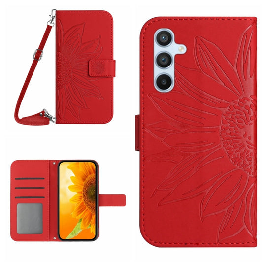 For Samsung Galaxy M55 5G Skin Feel Sun Flower Embossed Flip Leather Phone Case with Lanyard(Red)