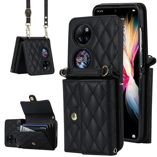 For Huawei P50 Pocket Rhombic Texture Card Bag PU Phone Case with Long Lanyard(Black) - Huawei Cases by buy2fix | Online Shopping UK | buy2fix