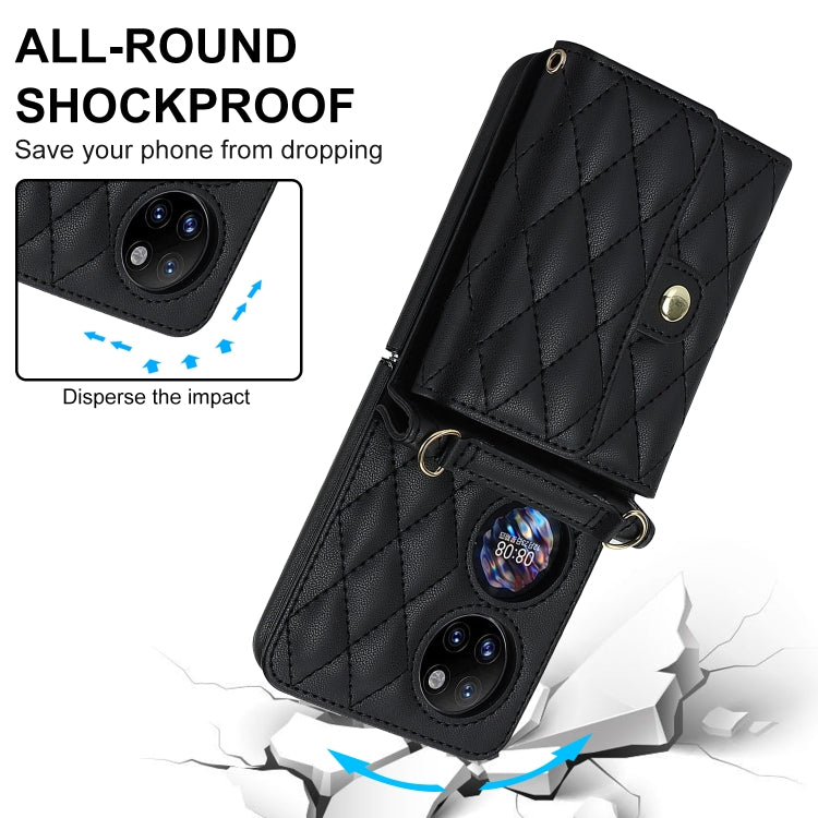 For Huawei P50 Pocket Rhombic Texture Card Bag PU Phone Case with Long Lanyard(Black) - Huawei Cases by buy2fix | Online Shopping UK | buy2fix