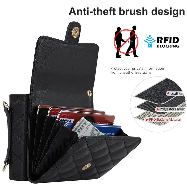 For Huawei P50 Pocket Rhombic Texture Card Bag PU Phone Case with Long Lanyard(Black) - Huawei Cases by buy2fix | Online Shopping UK | buy2fix