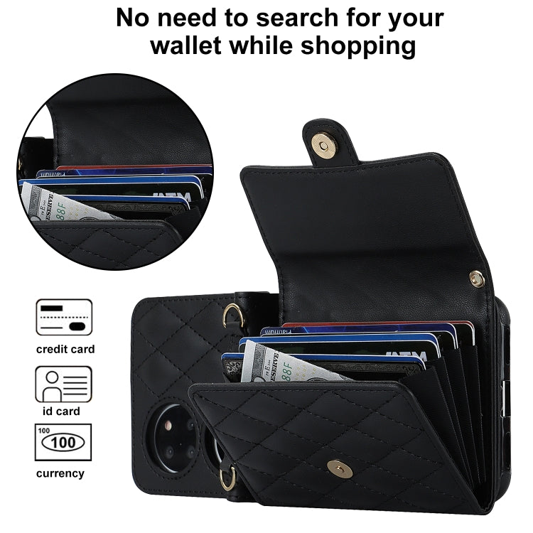 For Huawei P50 Pocket Rhombic Texture Card Bag PU Phone Case with Long Lanyard(Black) - Huawei Cases by buy2fix | Online Shopping UK | buy2fix