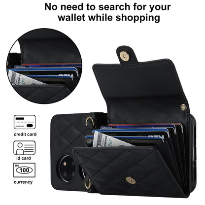 For Huawei P50 Pocket Rhombic Texture Card Bag PU Phone Case with Long Lanyard(Black) - Huawei Cases by buy2fix | Online Shopping UK | buy2fix