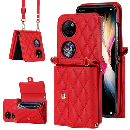 For Huawei P50 Pocket Rhombic Texture Card Bag PU Phone Case with Long Lanyard(Red) - Huawei Cases by buy2fix | Online Shopping UK | buy2fix