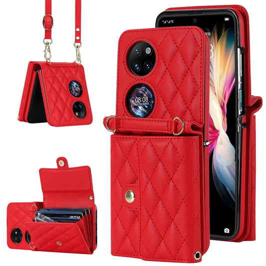 For Huawei P50 Pocket Rhombic Texture Card Bag PU Phone Case with Long Lanyard(Red) - Huawei Cases by buy2fix | Online Shopping UK | buy2fix