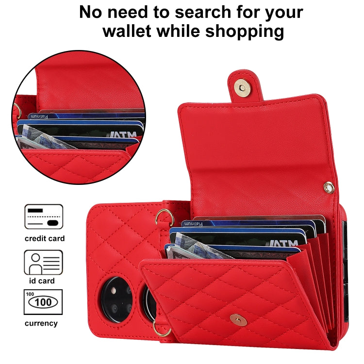 For Huawei P50 Pocket Rhombic Texture Card Bag PU Phone Case with Long Lanyard(Red) - Huawei Cases by buy2fix | Online Shopping UK | buy2fix