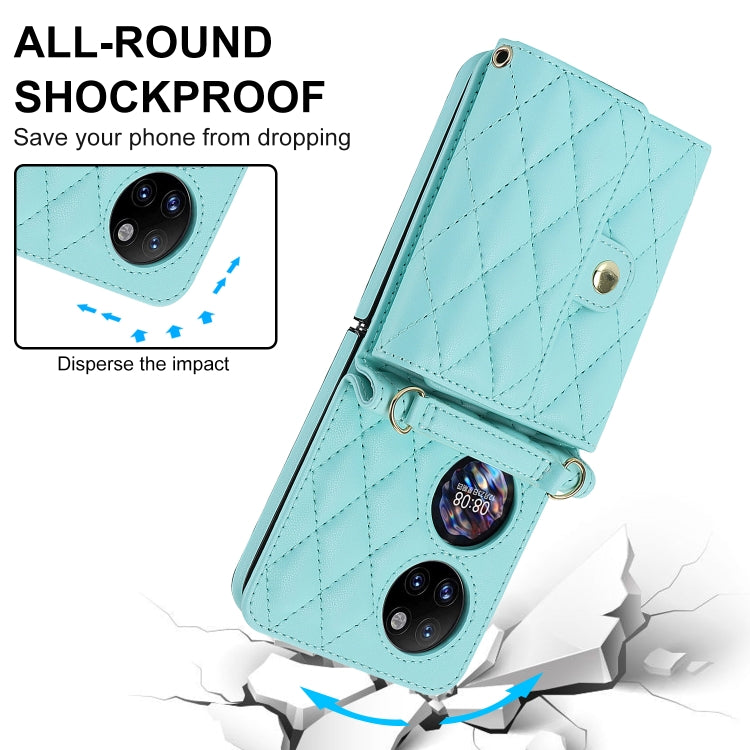 For Huawei P50 Pocket Rhombic Texture Card Bag PU Phone Case with Long Lanyard(Mint Green) - Huawei Cases by buy2fix | Online Shopping UK | buy2fix