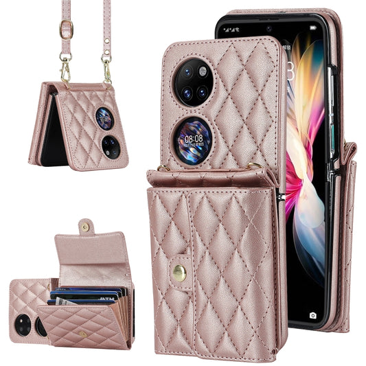 For Huawei P50 Pocket Rhombic Texture Card Bag PU Phone Case with Long Lanyard(Rose Gold) - Huawei Cases by buy2fix | Online Shopping UK | buy2fix