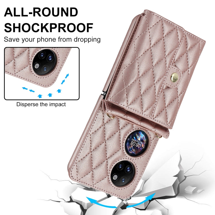For Huawei P50 Pocket Rhombic Texture Card Bag PU Phone Case with Long Lanyard(Rose Gold) - Huawei Cases by buy2fix | Online Shopping UK | buy2fix