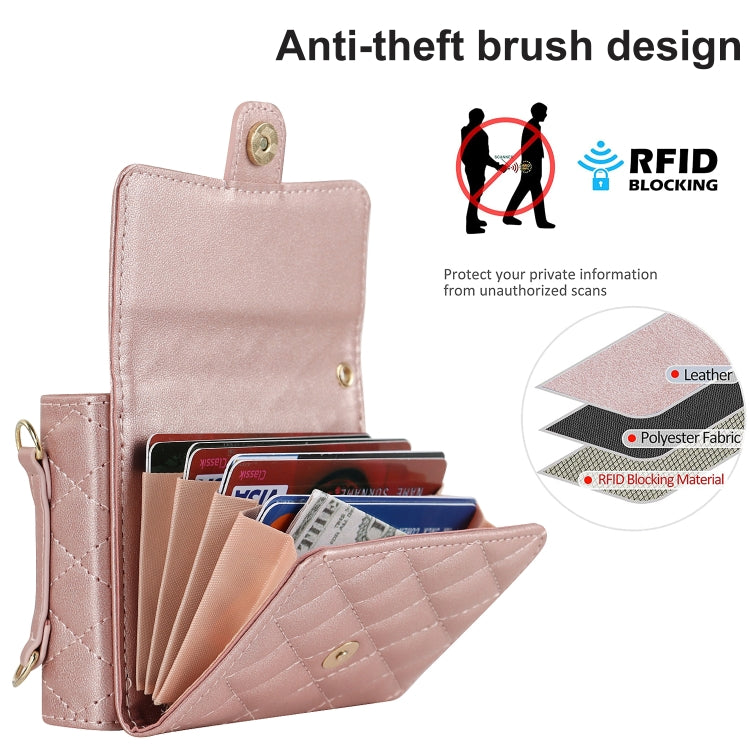 For Huawei P50 Pocket Rhombic Texture Card Bag PU Phone Case with Long Lanyard(Rose Gold) - Huawei Cases by buy2fix | Online Shopping UK | buy2fix