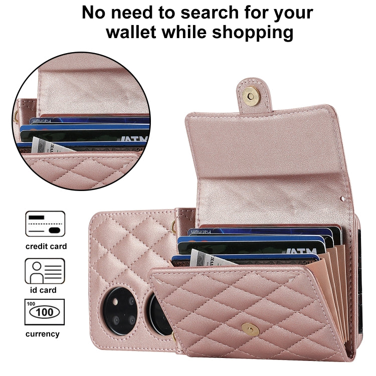 For Huawei P50 Pocket Rhombic Texture Card Bag PU Phone Case with Long Lanyard(Rose Gold) - Huawei Cases by buy2fix | Online Shopping UK | buy2fix