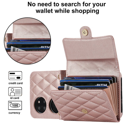 For Huawei P50 Pocket Rhombic Texture Card Bag PU Phone Case with Long Lanyard(Rose Gold) - Huawei Cases by buy2fix | Online Shopping UK | buy2fix