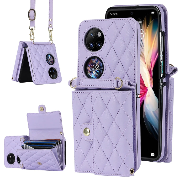 For Huawei P50 Pocket Rhombic Texture Card Bag PU Phone Case with Long Lanyard(Purple) - Huawei Cases by buy2fix | Online Shopping UK | buy2fix