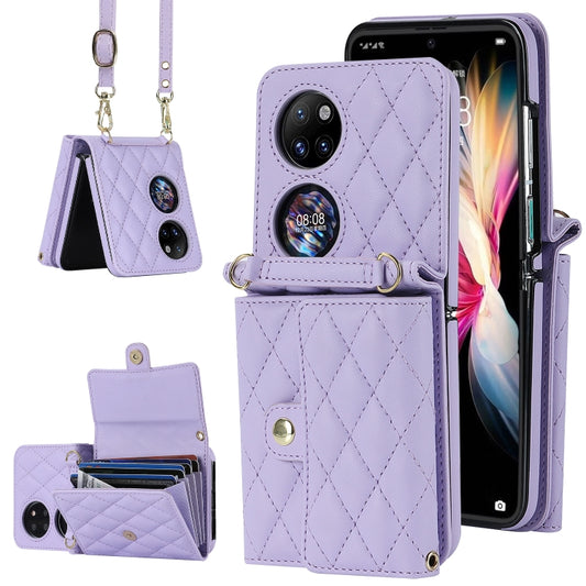 For Huawei P50 Pocket Rhombic Texture Card Bag PU Phone Case with Long Lanyard(Purple) - Huawei Cases by buy2fix | Online Shopping UK | buy2fix