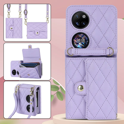 For Huawei P50 Pocket Rhombic Texture Card Bag PU Phone Case with Long Lanyard(Purple) - Huawei Cases by buy2fix | Online Shopping UK | buy2fix