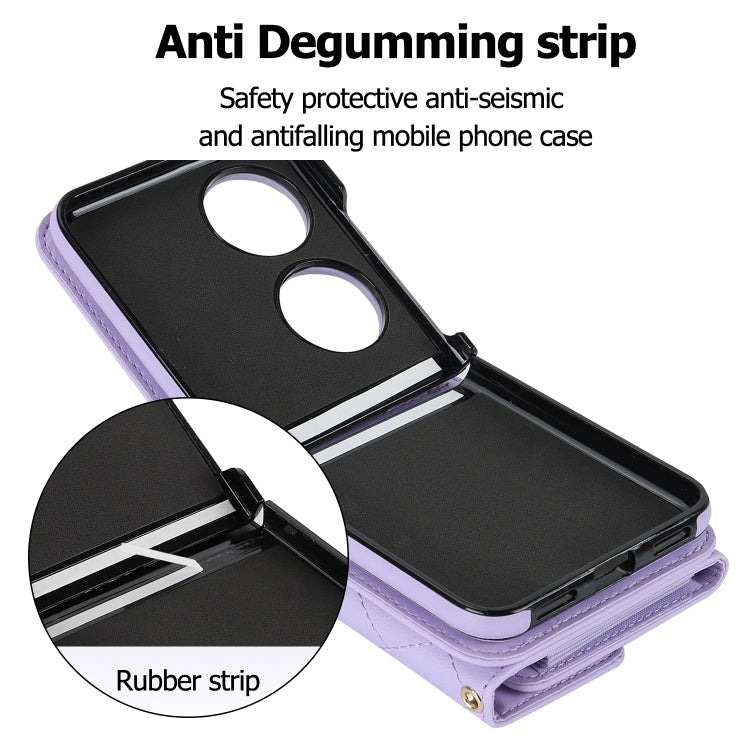 For Huawei P50 Pocket Rhombic Texture Card Bag PU Phone Case with Long Lanyard(Purple) - Huawei Cases by buy2fix | Online Shopping UK | buy2fix
