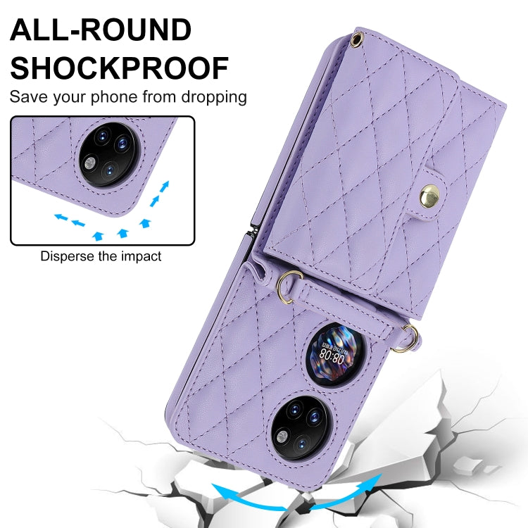 For Huawei P50 Pocket Rhombic Texture Card Bag PU Phone Case with Long Lanyard(Purple) - Huawei Cases by buy2fix | Online Shopping UK | buy2fix