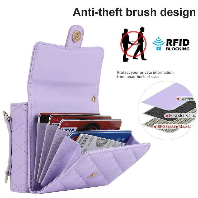 For Huawei P50 Pocket Rhombic Texture Card Bag PU Phone Case with Long Lanyard(Purple) - Huawei Cases by buy2fix | Online Shopping UK | buy2fix