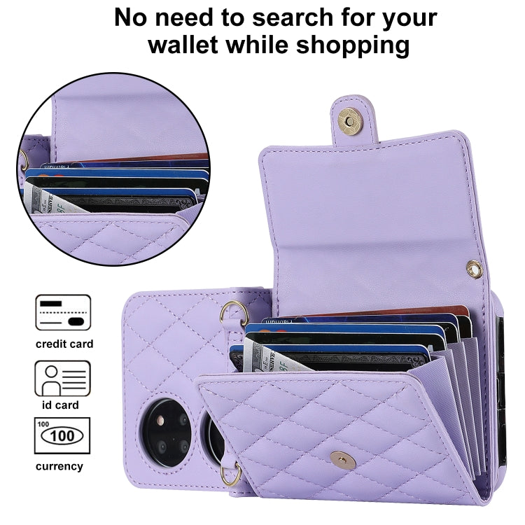 For Huawei P50 Pocket Rhombic Texture Card Bag PU Phone Case with Long Lanyard(Purple) - Huawei Cases by buy2fix | Online Shopping UK | buy2fix