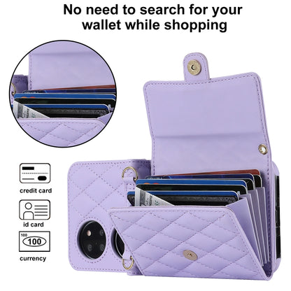 For Huawei P50 Pocket Rhombic Texture Card Bag PU Phone Case with Long Lanyard(Purple) - Huawei Cases by buy2fix | Online Shopping UK | buy2fix