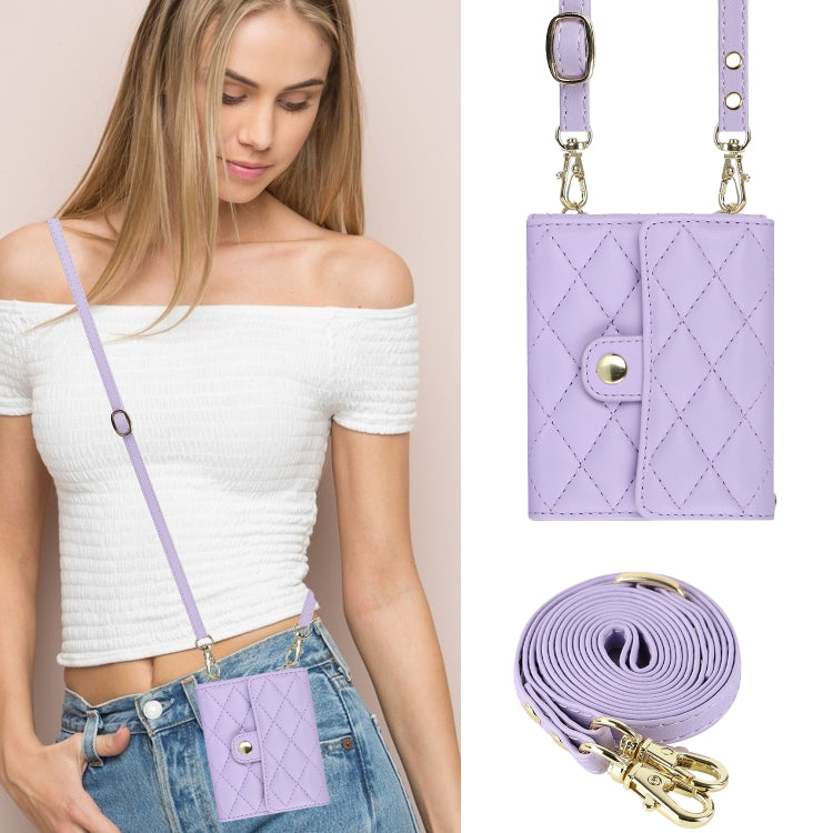 For Huawei P50 Pocket Rhombic Texture Card Bag PU Phone Case with Long Lanyard(Purple) - Huawei Cases by buy2fix | Online Shopping UK | buy2fix