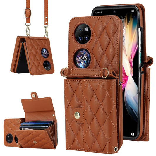 For Huawei P50 Pocket Rhombic Texture Card Bag PU Phone Case with Long Lanyard(Brown) - Huawei Cases by buy2fix | Online Shopping UK | buy2fix