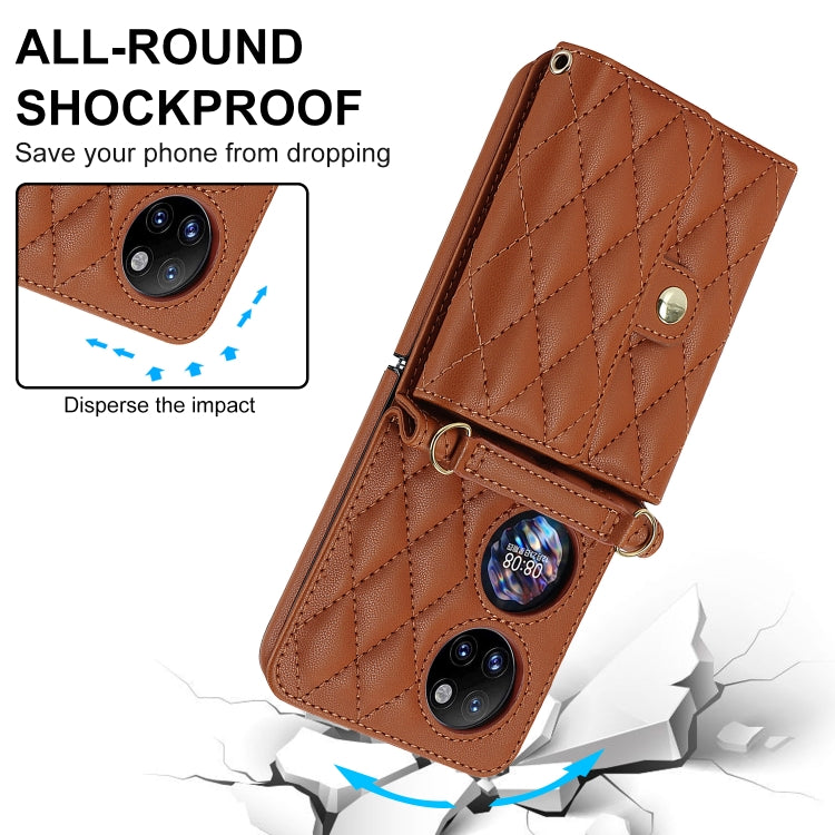 For Huawei P50 Pocket Rhombic Texture Card Bag PU Phone Case with Long Lanyard(Brown) - Huawei Cases by buy2fix | Online Shopping UK | buy2fix