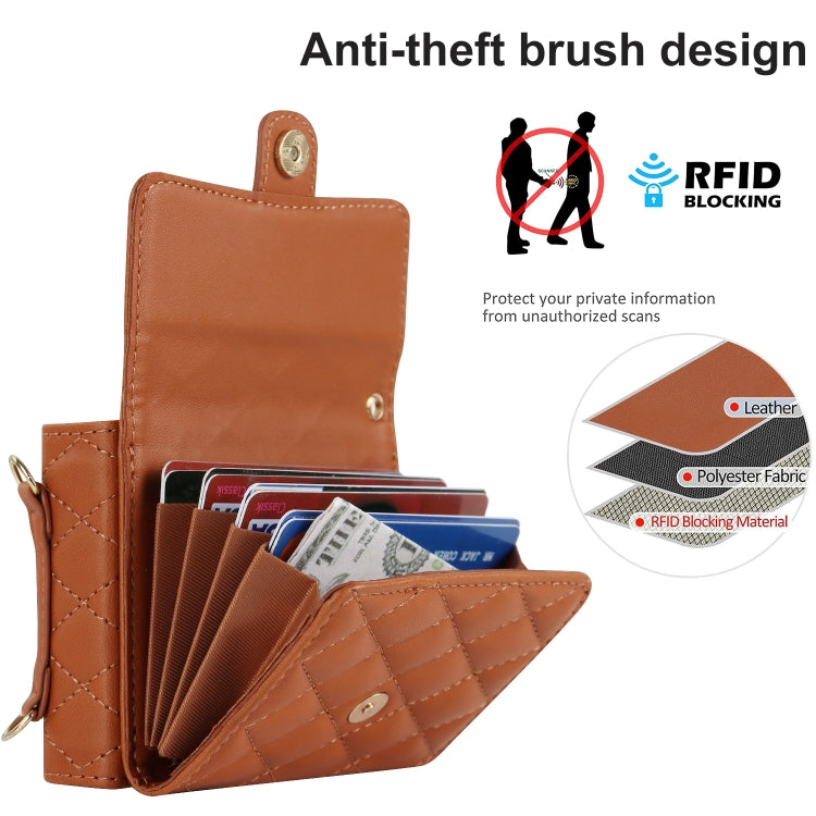 For Huawei P50 Pocket Rhombic Texture Card Bag PU Phone Case with Long Lanyard(Brown) - Huawei Cases by buy2fix | Online Shopping UK | buy2fix