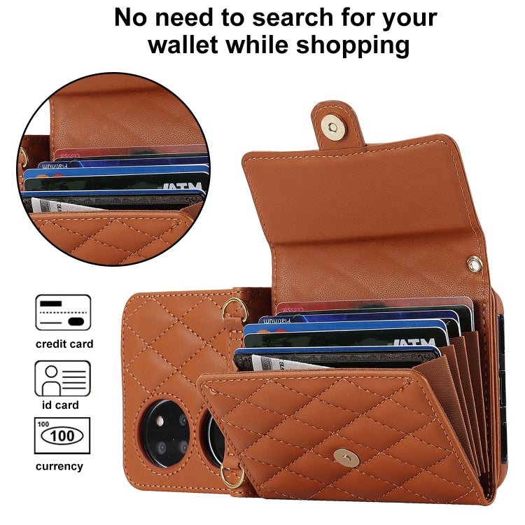 For Huawei P50 Pocket Rhombic Texture Card Bag PU Phone Case with Long Lanyard(Brown) - Huawei Cases by buy2fix | Online Shopping UK | buy2fix