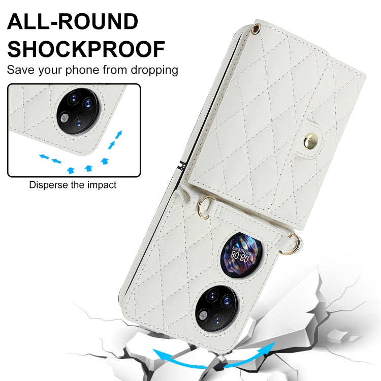 For Huawei P50 Pocket Rhombic Texture Card Bag PU Phone Case with Long Lanyard(White) - Huawei Cases by buy2fix | Online Shopping UK | buy2fix