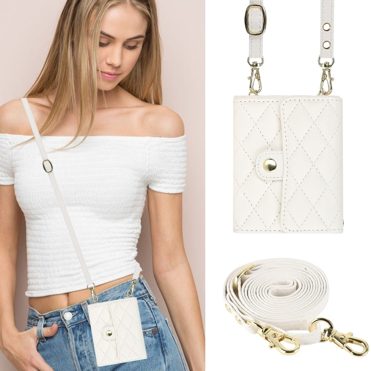 For Huawei P50 Pocket Rhombic Texture Card Bag PU Phone Case with Long Lanyard(White) - Huawei Cases by buy2fix | Online Shopping UK | buy2fix