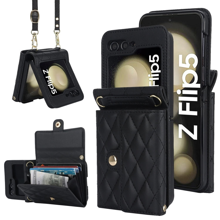 For Samsung Galaxy Z Flip5 Rhombic Texture Card Bag PU Phone Case with Long Lanyard(Black) - Galaxy Z Flip5 Cases by buy2fix | Online Shopping UK | buy2fix