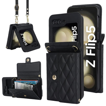 For Samsung Galaxy Z Flip5 Rhombic Texture Card Bag PU Phone Case with Long Lanyard(Black) - Galaxy Z Flip5 Cases by buy2fix | Online Shopping UK | buy2fix