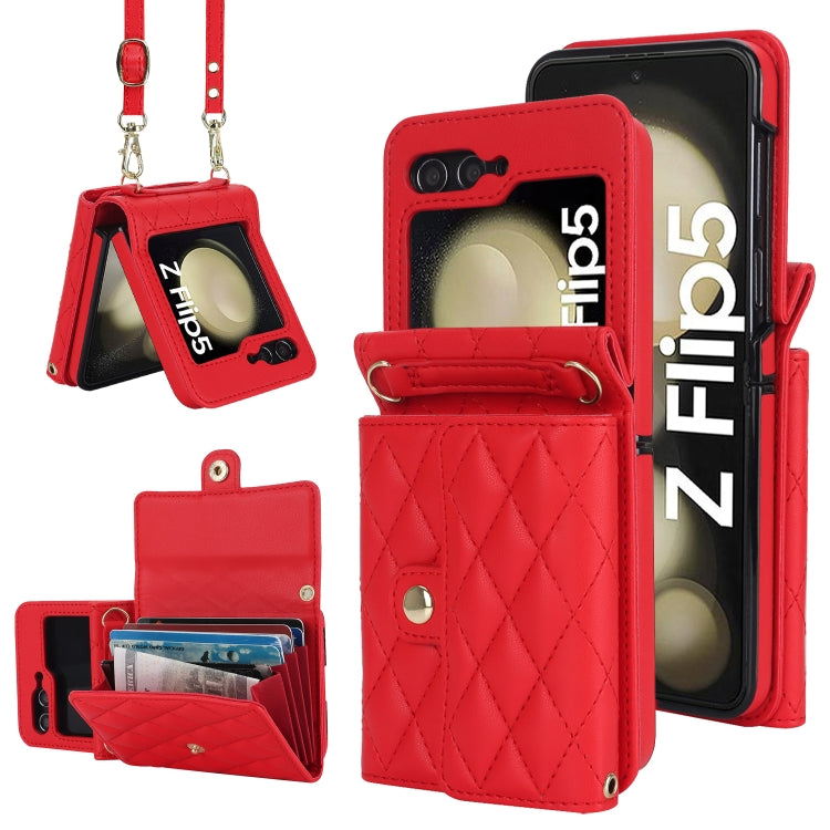 For Samsung Galaxy Z Flip5 Rhombic Texture Card Bag PU Phone Case with Long Lanyard(Red) - Galaxy Z Flip5 Cases by buy2fix | Online Shopping UK | buy2fix