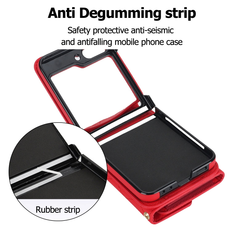 For Samsung Galaxy Z Flip5 Rhombic Texture Card Bag PU Phone Case with Long Lanyard(Red) - Galaxy Z Flip5 Cases by buy2fix | Online Shopping UK | buy2fix