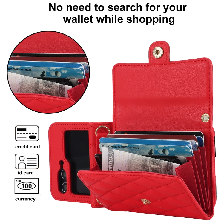 For Samsung Galaxy Z Flip5 Rhombic Texture Card Bag PU Phone Case with Long Lanyard(Red) - Galaxy Z Flip5 Cases by buy2fix | Online Shopping UK | buy2fix
