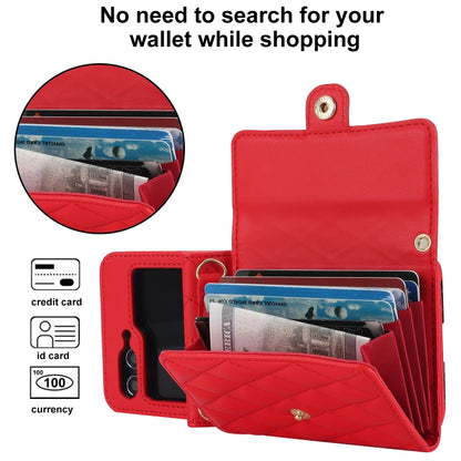 For Samsung Galaxy Z Flip5 Rhombic Texture Card Bag PU Phone Case with Long Lanyard(Red) - Galaxy Z Flip5 Cases by buy2fix | Online Shopping UK | buy2fix
