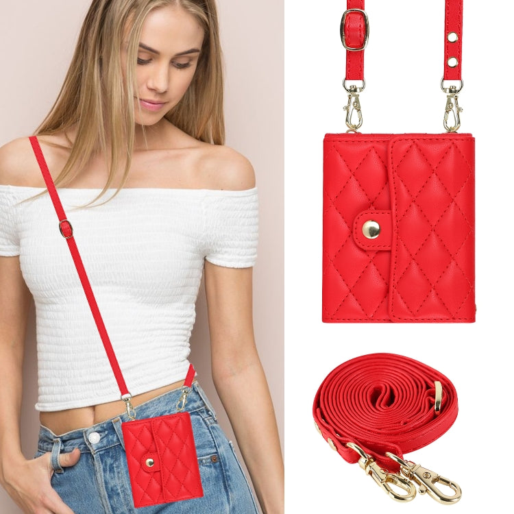 For Samsung Galaxy Z Flip5 Rhombic Texture Card Bag PU Phone Case with Long Lanyard(Red) - Galaxy Z Flip5 Cases by buy2fix | Online Shopping UK | buy2fix
