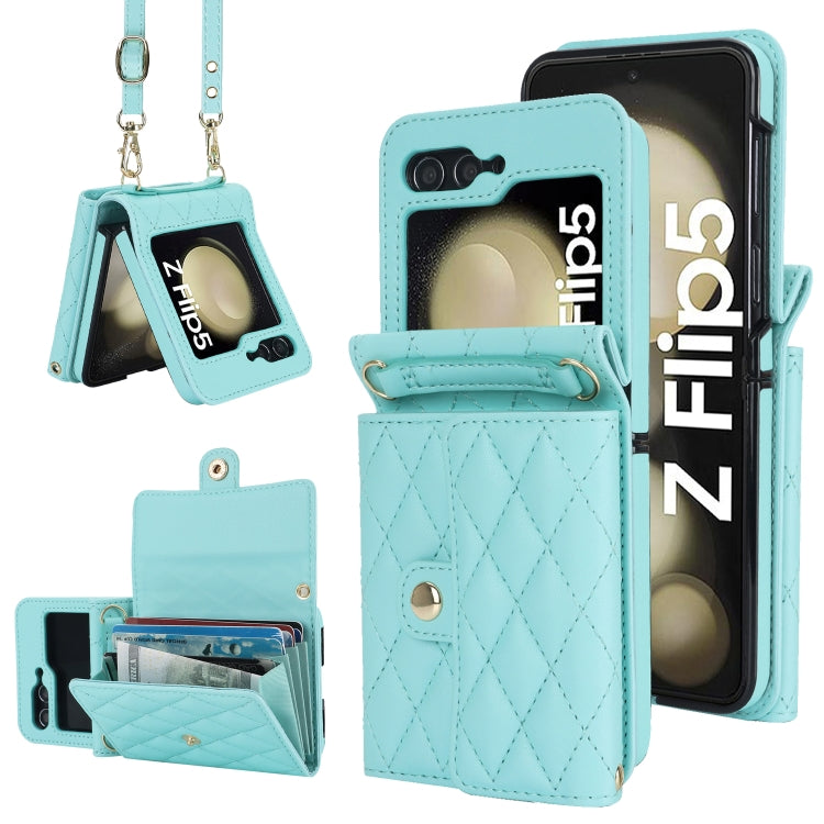 For Samsung Galaxy Z Flip5 Rhombic Texture Card Bag PU Phone Case with Long Lanyard(Mint Green) - Galaxy Z Flip5 Cases by buy2fix | Online Shopping UK | buy2fix