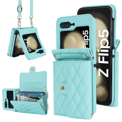 For Samsung Galaxy Z Flip5 Rhombic Texture Card Bag PU Phone Case with Long Lanyard(Mint Green) - Galaxy Z Flip5 Cases by buy2fix | Online Shopping UK | buy2fix