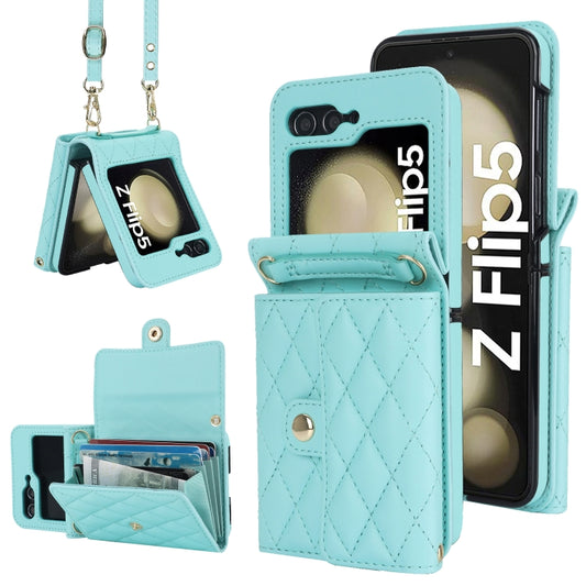 For Samsung Galaxy Z Flip5 Rhombic Texture Card Bag PU Phone Case with Long Lanyard(Mint Green) - Galaxy Z Flip5 Cases by buy2fix | Online Shopping UK | buy2fix