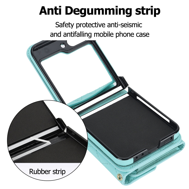 For Samsung Galaxy Z Flip5 Rhombic Texture Card Bag PU Phone Case with Long Lanyard(Mint Green) - Galaxy Z Flip5 Cases by buy2fix | Online Shopping UK | buy2fix