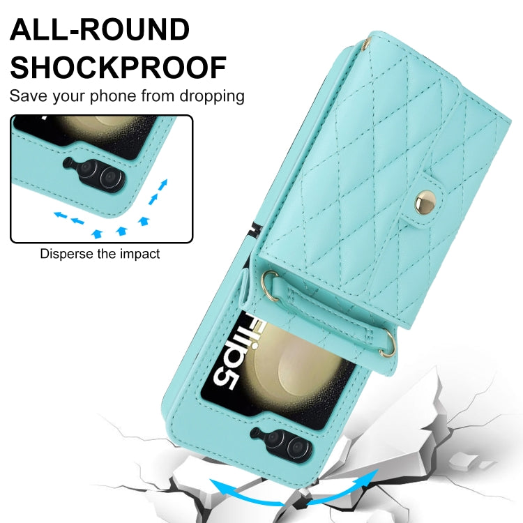 For Samsung Galaxy Z Flip5 Rhombic Texture Card Bag PU Phone Case with Long Lanyard(Mint Green) - Galaxy Z Flip5 Cases by buy2fix | Online Shopping UK | buy2fix
