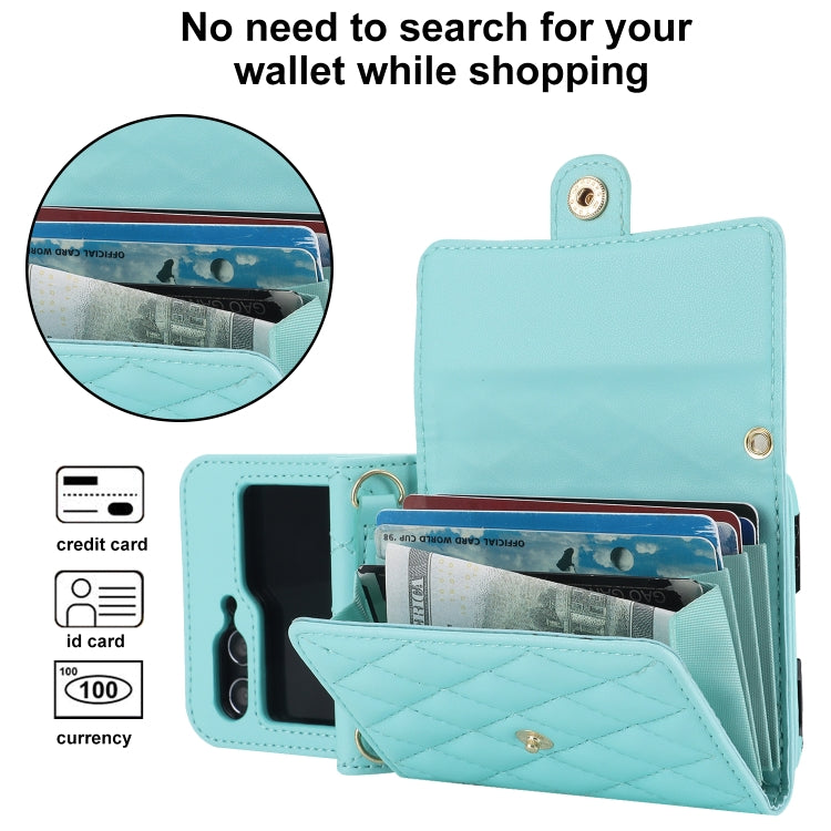 For Samsung Galaxy Z Flip5 Rhombic Texture Card Bag PU Phone Case with Long Lanyard(Mint Green) - Galaxy Z Flip5 Cases by buy2fix | Online Shopping UK | buy2fix