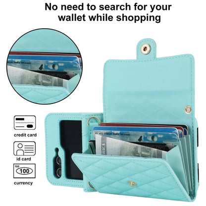 For Samsung Galaxy Z Flip5 Rhombic Texture Card Bag PU Phone Case with Long Lanyard(Mint Green) - Galaxy Z Flip5 Cases by buy2fix | Online Shopping UK | buy2fix