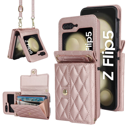 For Samsung Galaxy Z Flip5 Rhombic Texture Card Bag PU Phone Case with Long Lanyard(Rose Gold) - Galaxy Z Flip5 Cases by buy2fix | Online Shopping UK | buy2fix