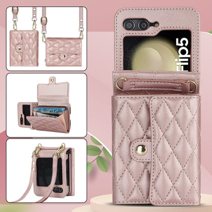 For Samsung Galaxy Z Flip5 Rhombic Texture Card Bag PU Phone Case with Long Lanyard(Rose Gold) - Galaxy Z Flip5 Cases by buy2fix | Online Shopping UK | buy2fix